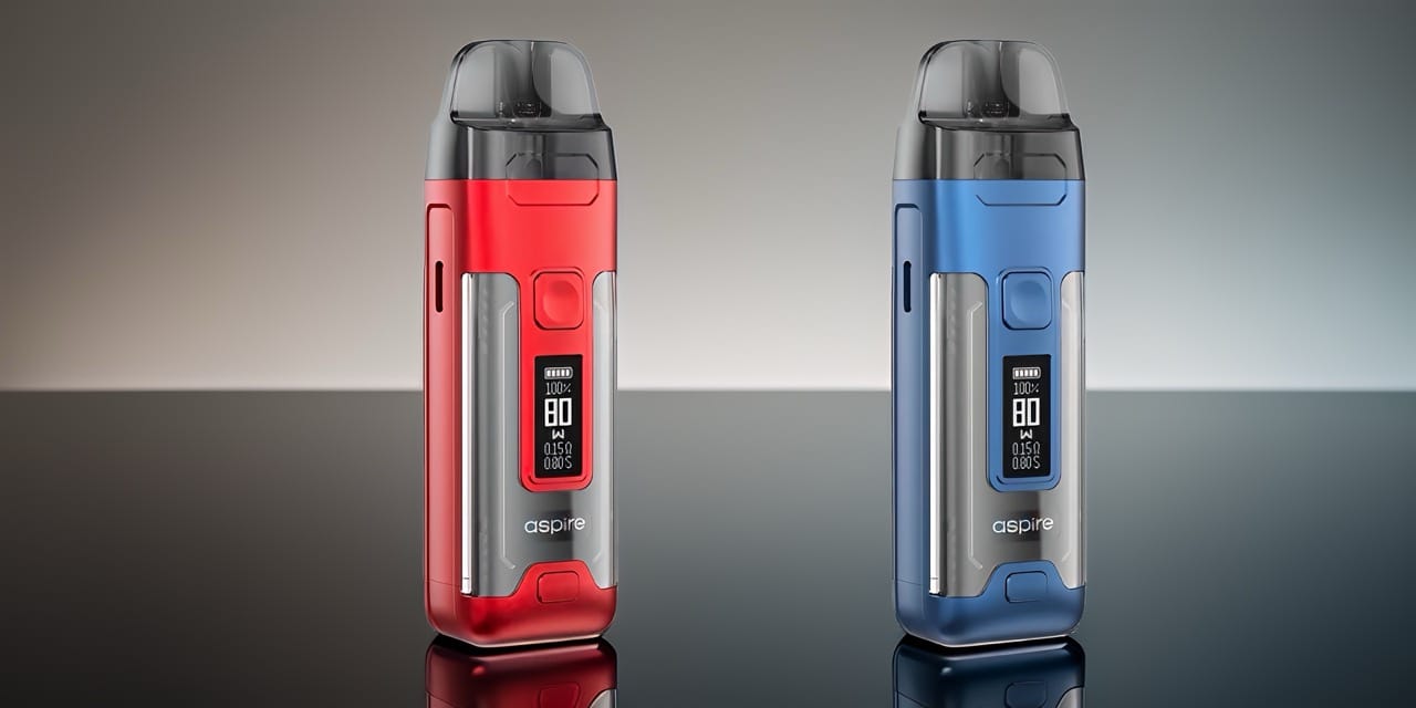 Pod Veynom Air d'Aspire en coloris rouge et bleu avec écran OLED et finitions métalliques