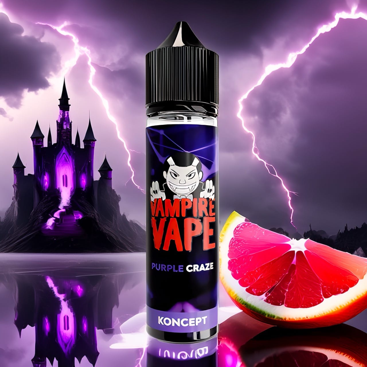 Flacon de Purple Craze by Vampire Vape mis en scène dans une atmosphère orageuse aux éclairs violets, reflets sur surface sombre
