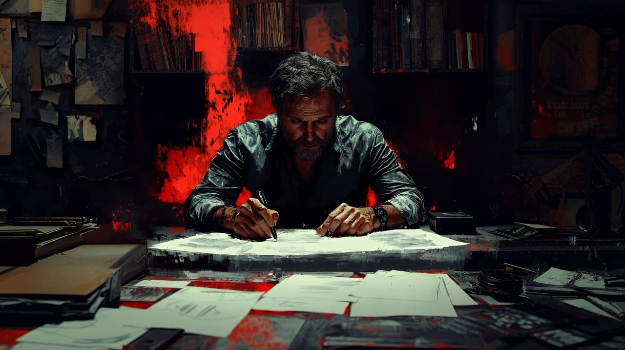 Homme penché sur des documents dans une ambiance sombre, éclairé par une lueur rouge intense, style illustration dramatique évoquant la planification et la vision
