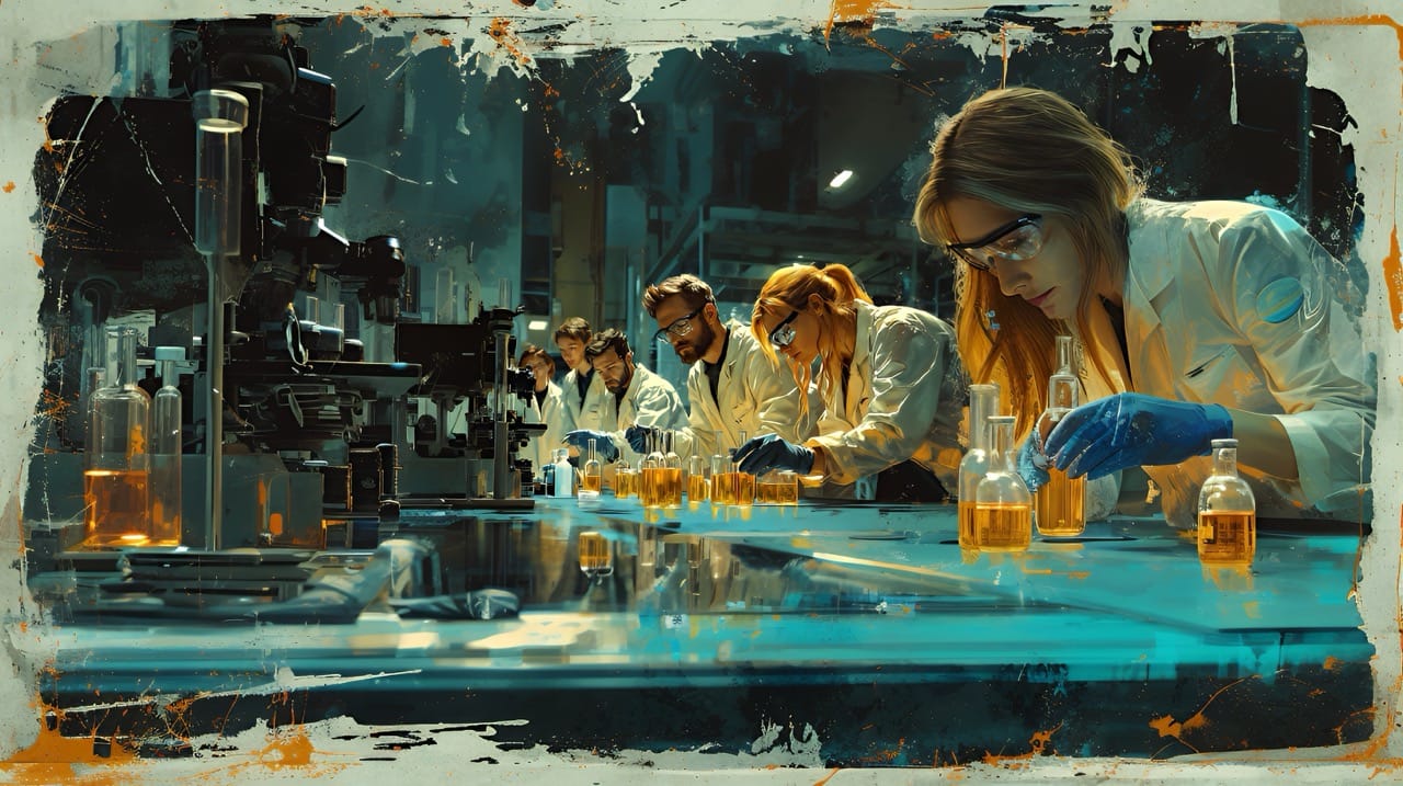 Groupe de chercheurs en blouses blanches travaillant en laboratoire, éclairés par une lumière bleu-turquoise, manipulant des fioles ambrées