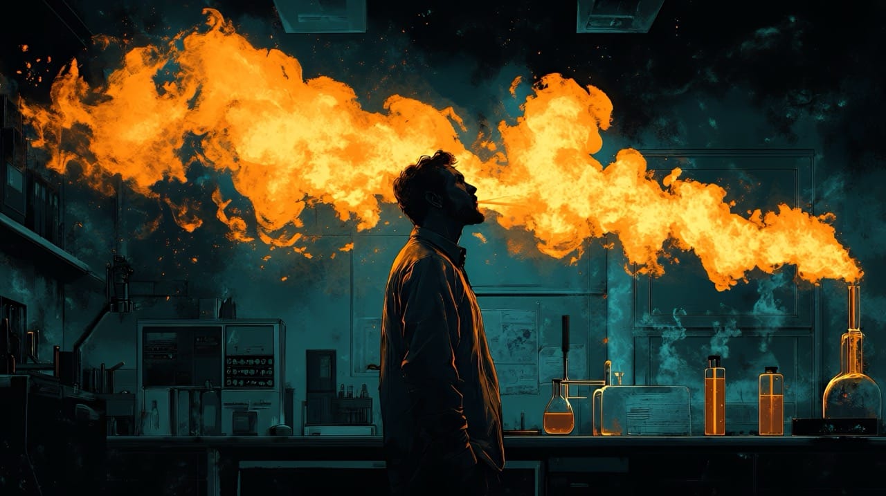 Silhouette en contre-jour dans un laboratoire sombre, une vapeur orange spectaculaire s'échappant des fioles en arrière-plan
