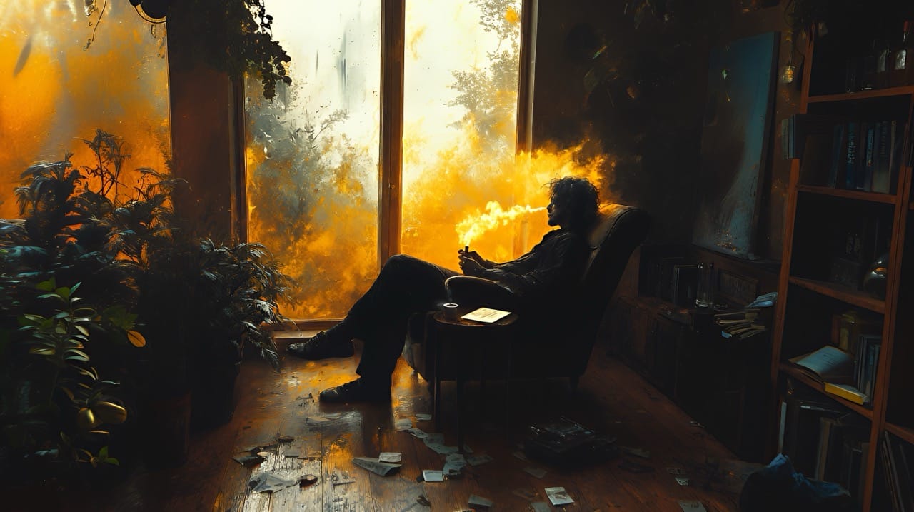 Silhouette dans un fauteuil devant une fenêtre baignée de lumière dorée, entourée de plantes et d'une bibliothèque