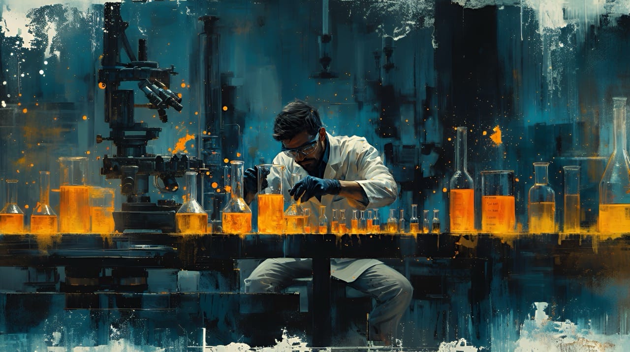 Silhouette en contre-jour dans un laboratoire sombre, une vapeur orange spectaculaire s'échappant des fioles en arrière-plan