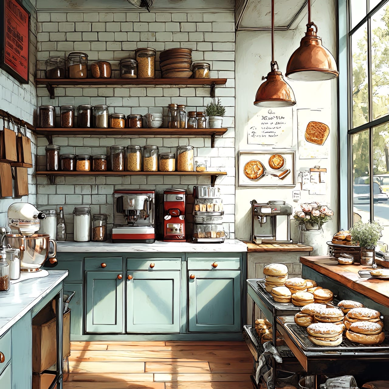 Cuisine pâtissière aux teintes menthe, bocaux alignés sur étagères en bois, équipements cuivrés et vitrine de macarons frais sous lumière naturelle.
