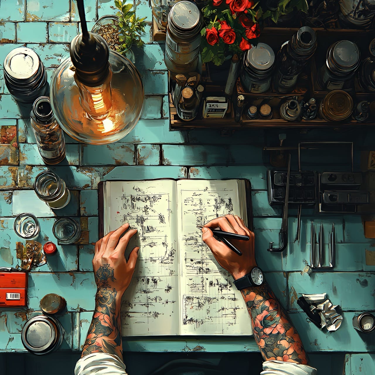 Gros plan sur des mains tatouées écrivant dans un carnet, entourées de flacons et d'instruments, sous une lampe industrielle