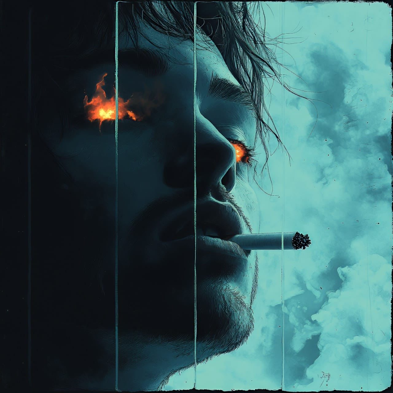 Profil d'un homme fumant une cigarette, reflets de feu dans ses yeux, ambiance sombre et turquoise
