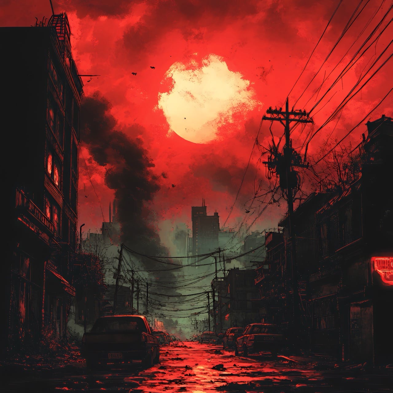 Paysage urbain apocalyptique sous une lune rouge sang, bâtiments en feu