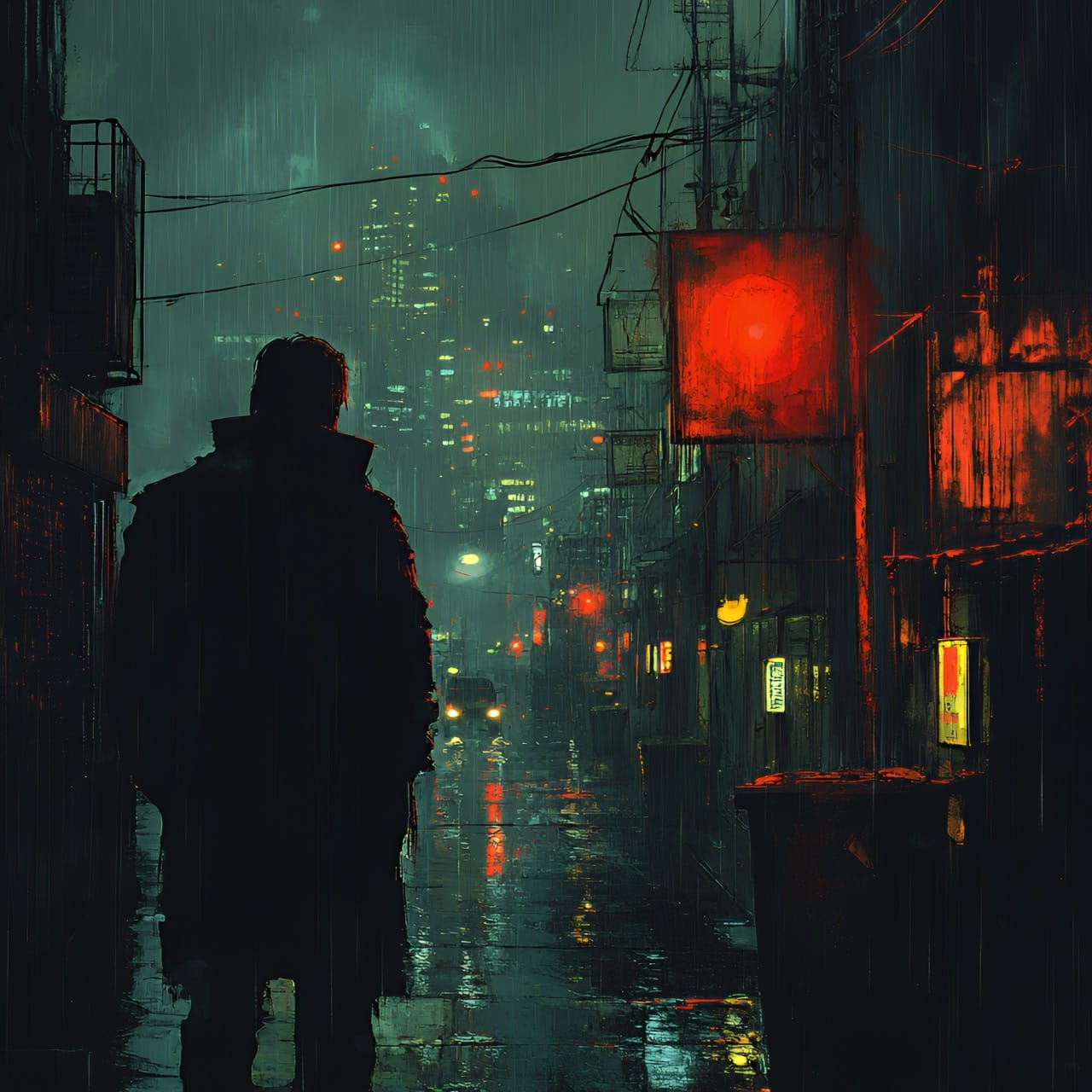Silhouette sombre dans une ruelle pluvieuse, néons verts et rouges, style Blade Runner