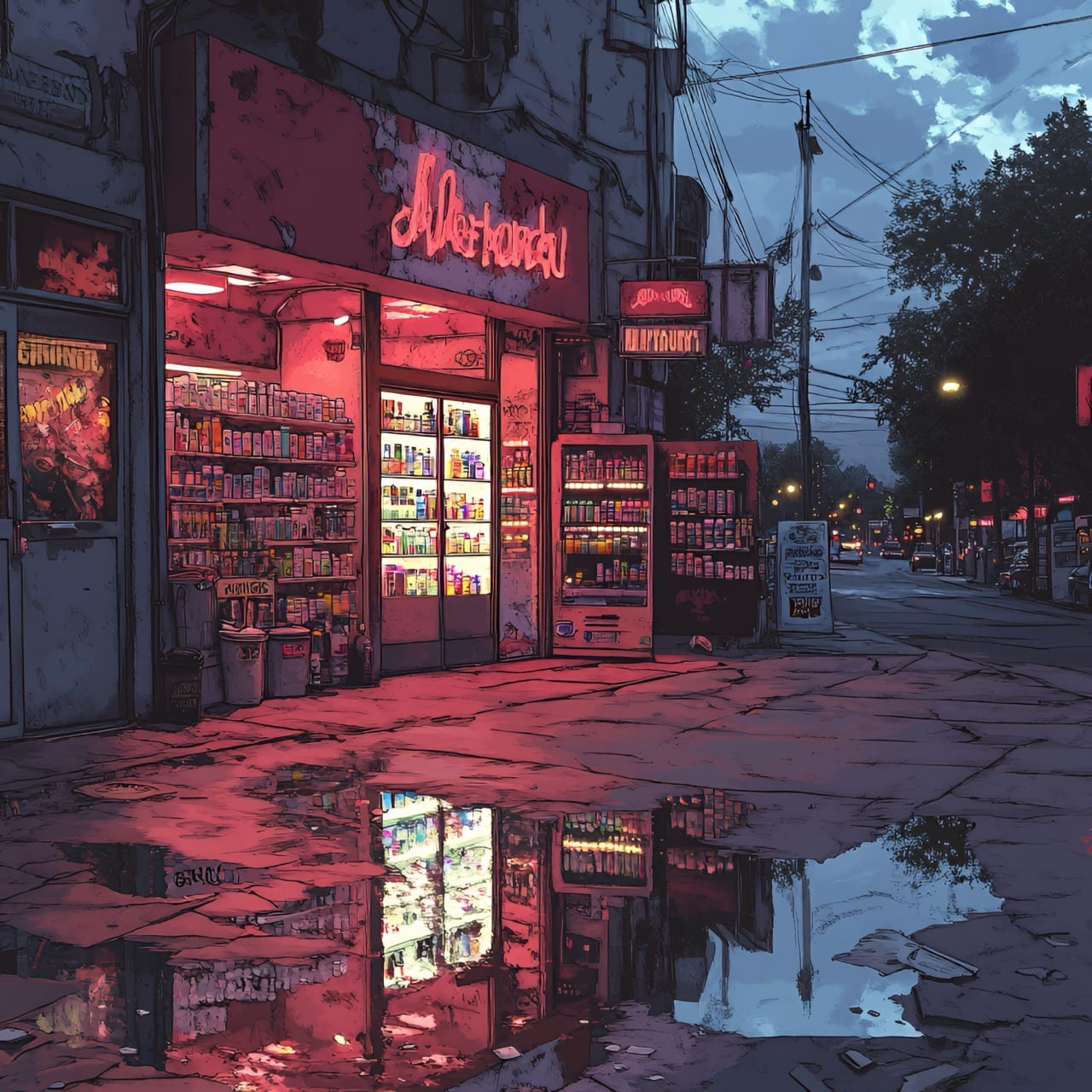 Magasin de vape illuminé dans la nuit, néons rouges, reflets dans les flaques d'eau