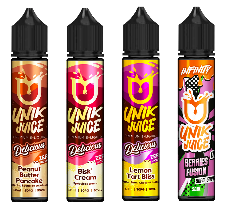 Unik Juice : Peanut Butter Pancake, Bisk'Cream, Lemon Tart Bliss et Berries Fusion