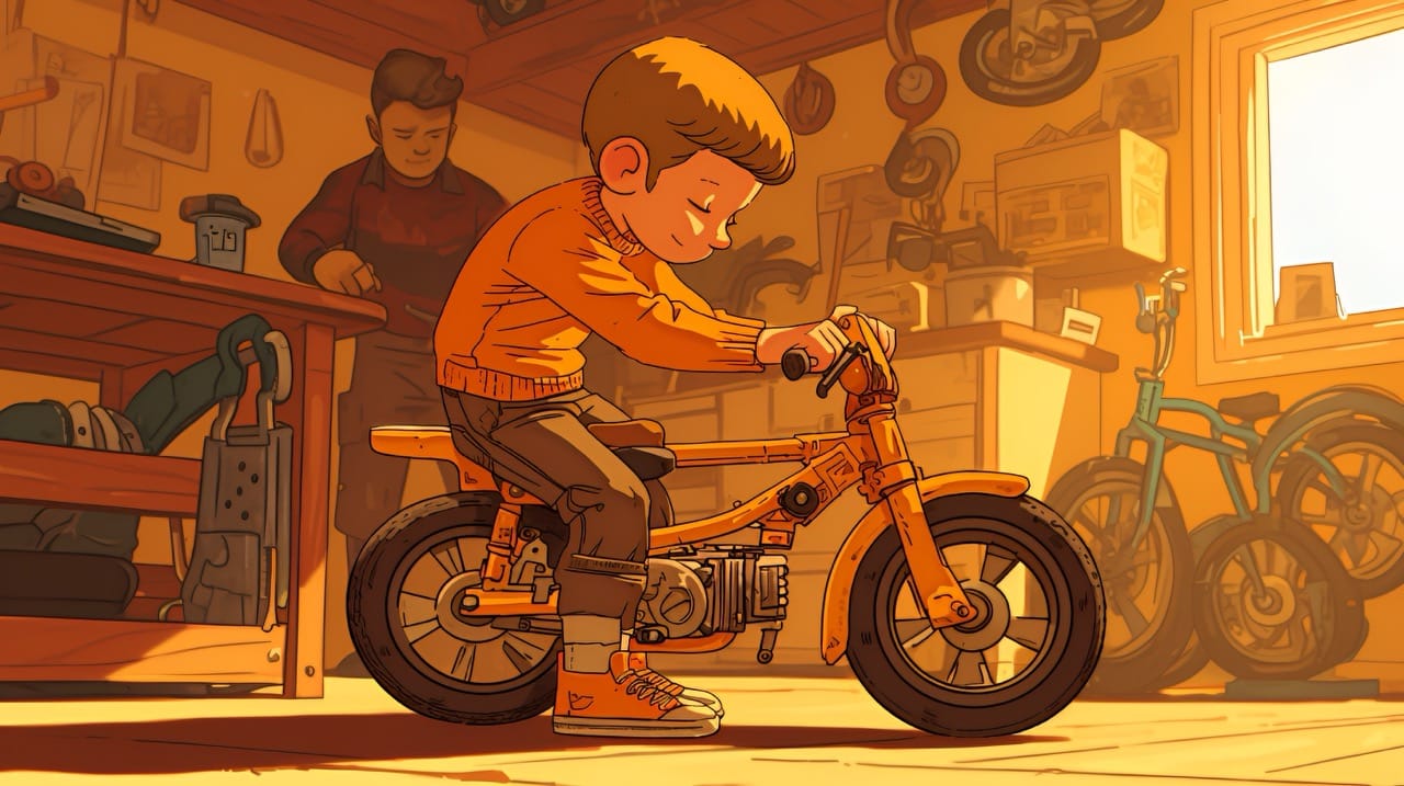 un garçon sur sa mini-moto dans un garage, sous le regard bienveillant d'un adulte