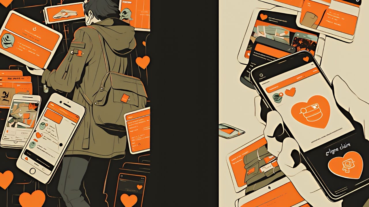 diptyque montrant des écrans de smartphones avec une interface aux tons orange et noir