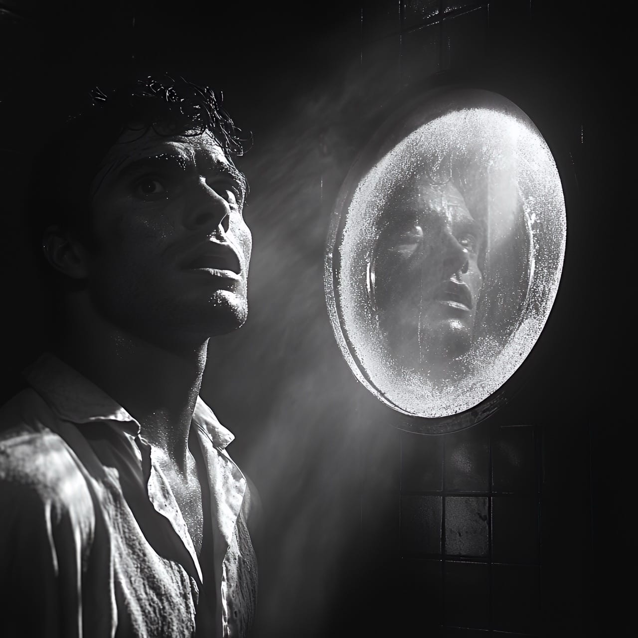 Portrait en clair-obscur avec reflet énigmatique dans un hublot lumineux