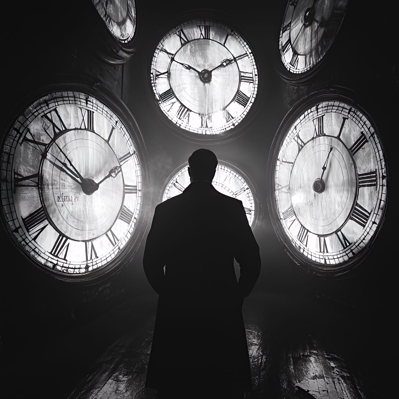 Silhouette face aux horloges géantes, maîtrise du temps dans la création