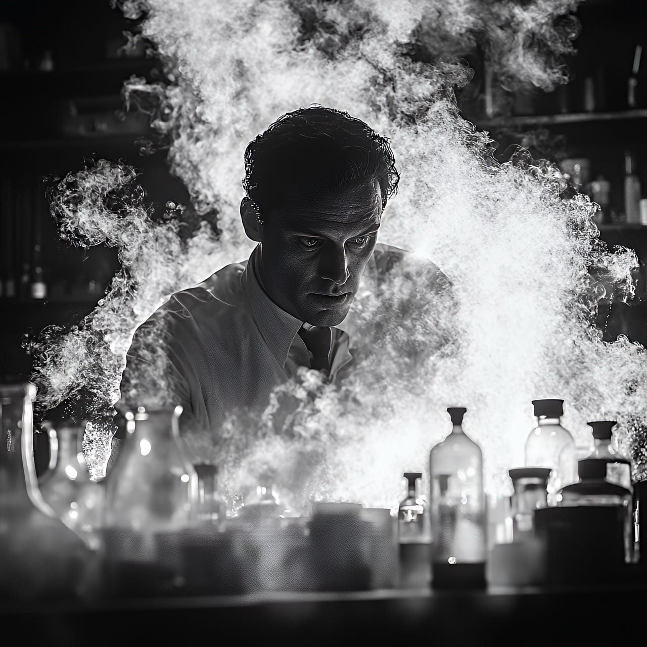 Scientifique concentré entouré de vapeurs et fioles