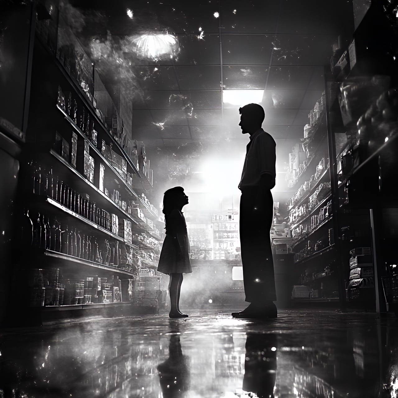 Silhouettes dramatiques d'un père et sa fille dans un supermarché