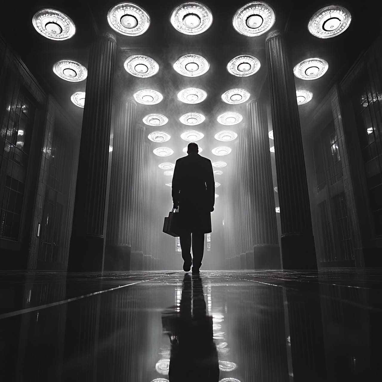 Silhouette solitaire dans le corridor Art Déco de la Poste du Louvre, ambiance film noir