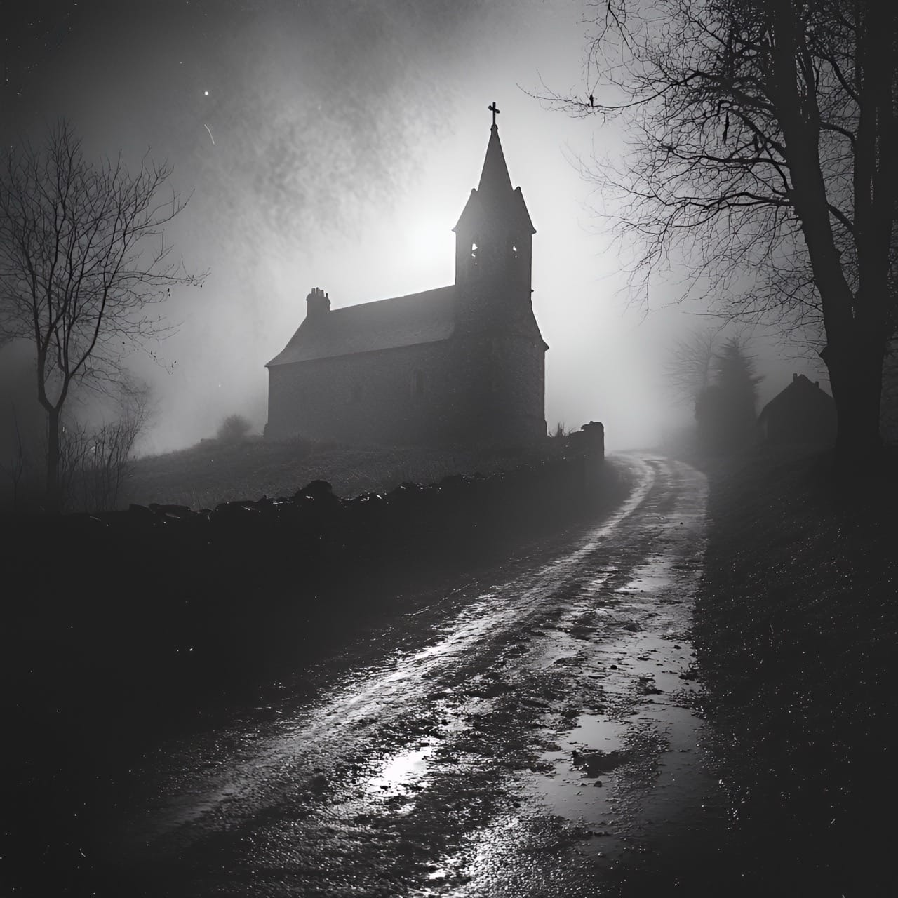 Église brumeuse de Touraine au crépuscule, symbolisant le nouveau départ