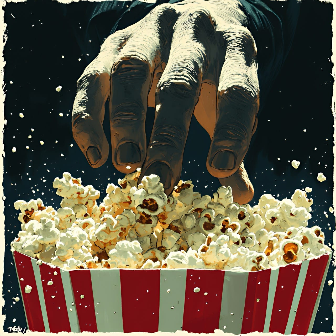 Gros plan sur une main atteignant du pop-corn dans un cornet rayé rouge et blanc