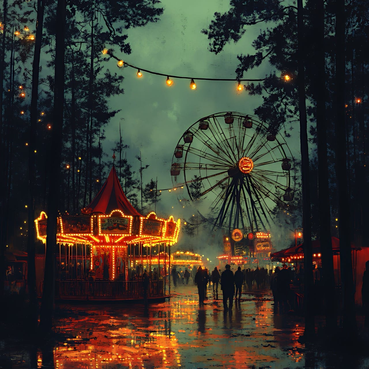 Scène nocturne de fête foraine avec grande roue et carrousel illuminés, reflets de lumières