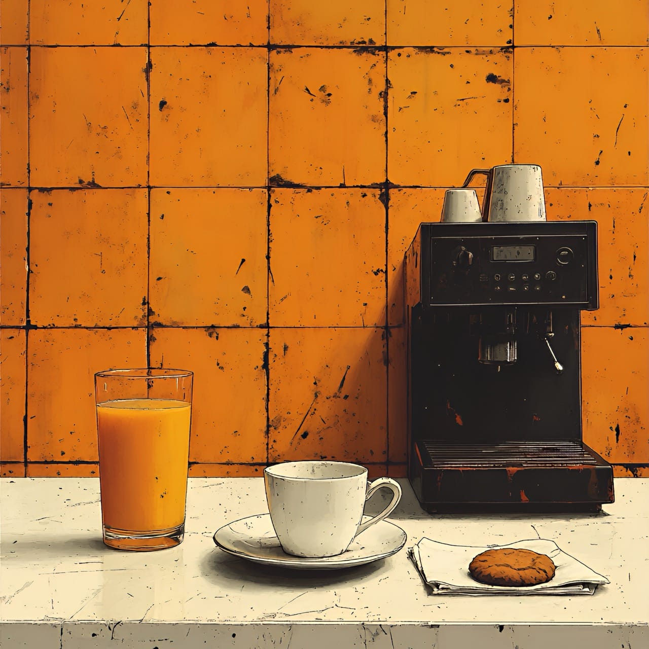 Machine à café espresso professionnelle, tasse de café et verre de jus d'orange