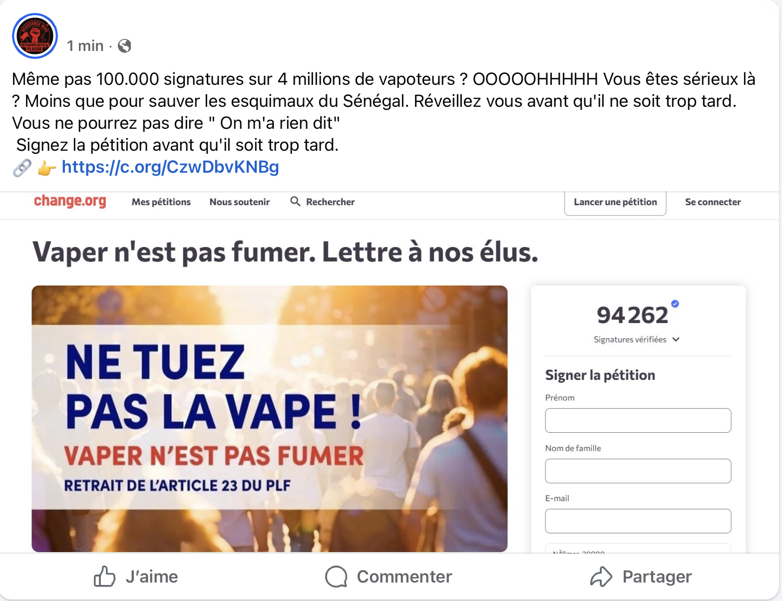 reaction Facebook a la petition vape 2025