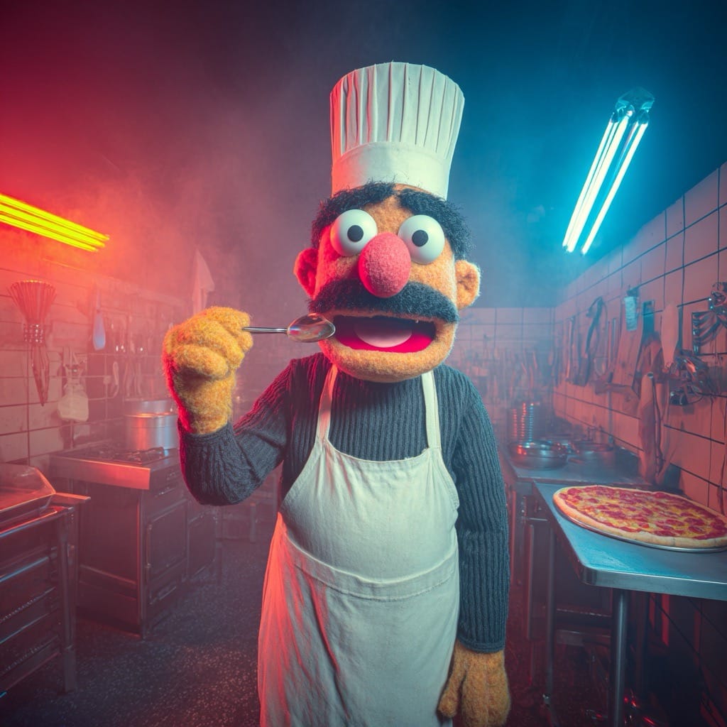 felt puppet chef cooking pineapple pizza chaotic kitchen