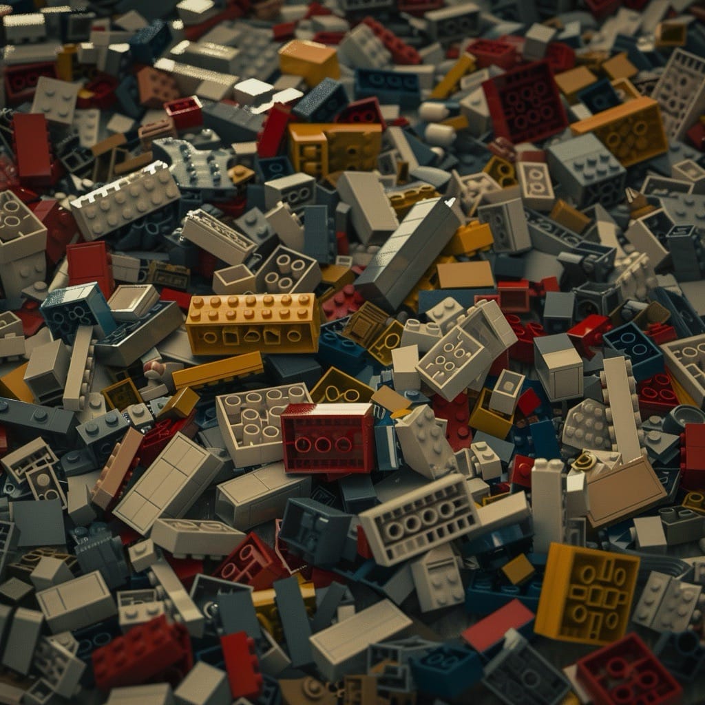 ville miniature en briques lego, maisons répétitives et personnages standardisés, représentation d’un univers modulaire et préfabriqué