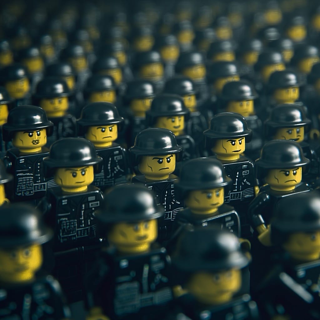 alignement de figurines lego en tenue noire uniforme, visages identiques, image d’un collectif standardisé et discipliné