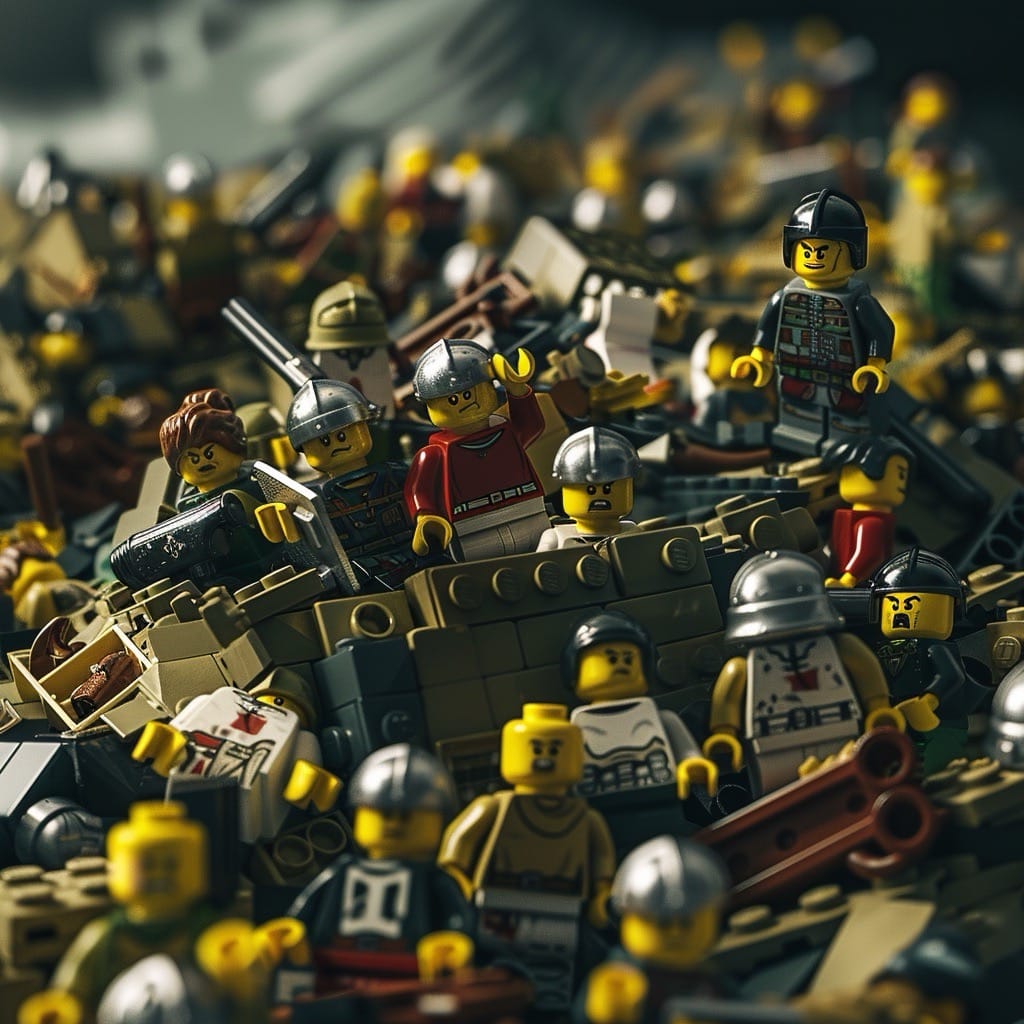 amas de figurines lego en situation de chaos et de combat, scène désordonnée évoquant une rupture du système