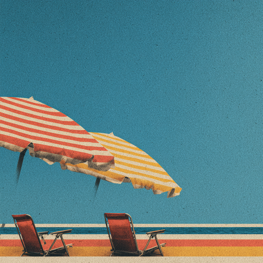 Parasols stylisés aux couleurs pamplemousse et passion sur plage minimaliste, illustration pop lumineuse.