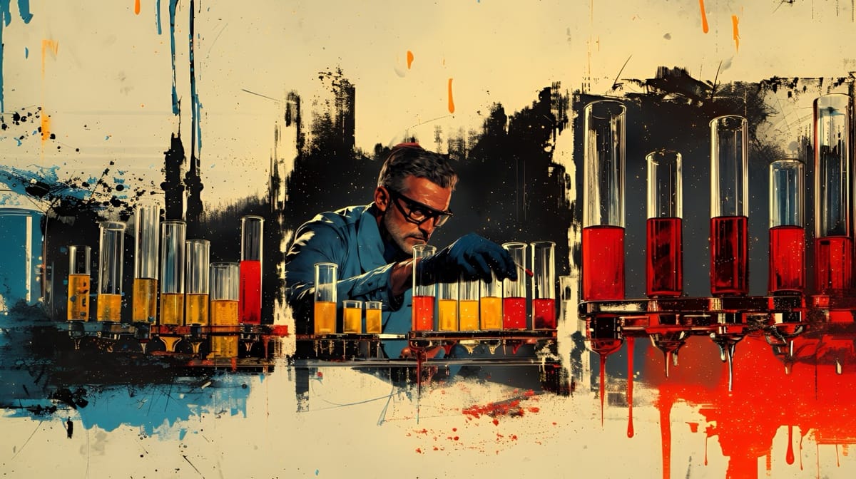 Illustration en style comics d'un scientifique examinant une rangée de fioles contenant des liquides colorés