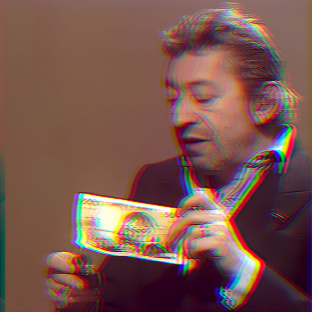 Serge Gainsbourg brûlant un billet de 500 francs – image glitch illustrant l’obsolescence technologique