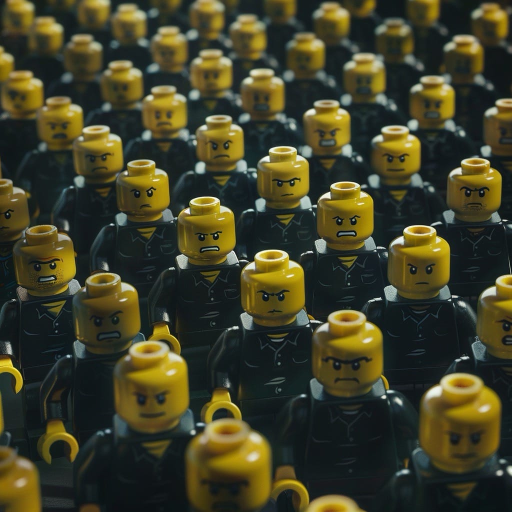 groupe dense de figurines lego aux visages similaires, expression répétée, impression de masse homogène et saturée