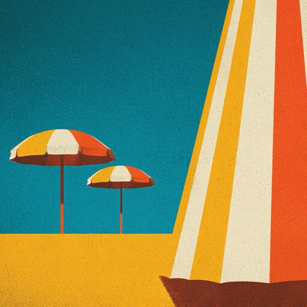 Illustration graphique printanière : parasols rayés rose et jaune sous ciel bleu, style pop inspiré Jean-Paul Goude.